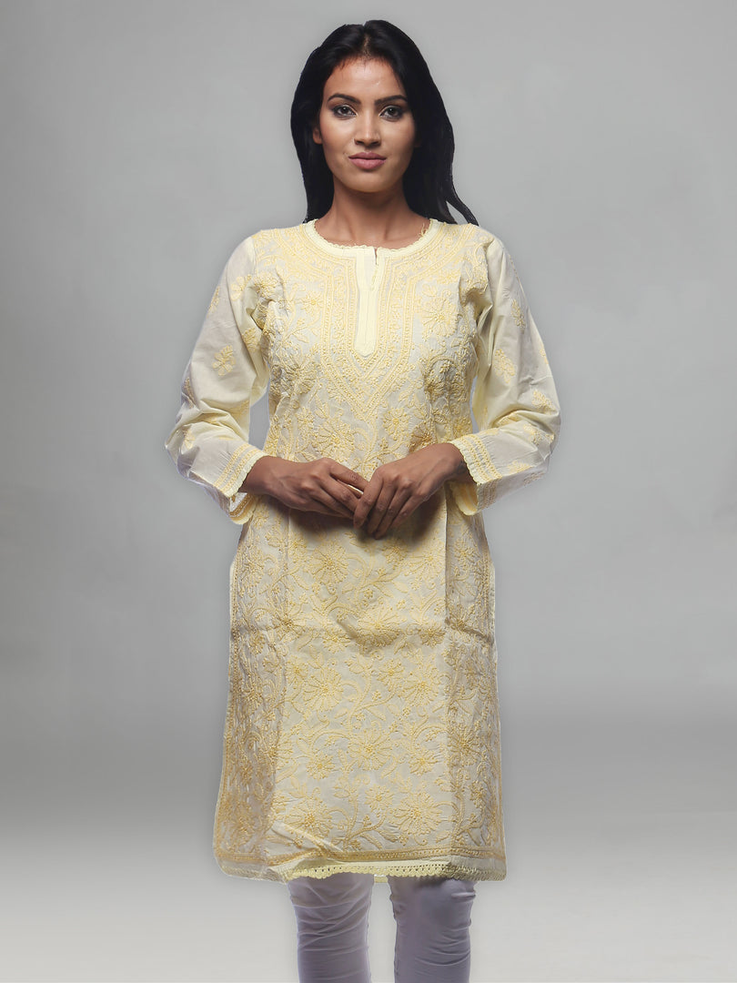 Seva Chikan Hand Embroidered Yellow Cotton Lucknowi Chikan Kurti-SCL0320