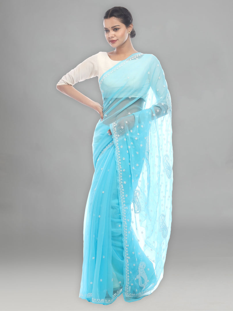Seva Chikan Hand Embroidered Blue Georgette Lucknowi Saree-SCL2454