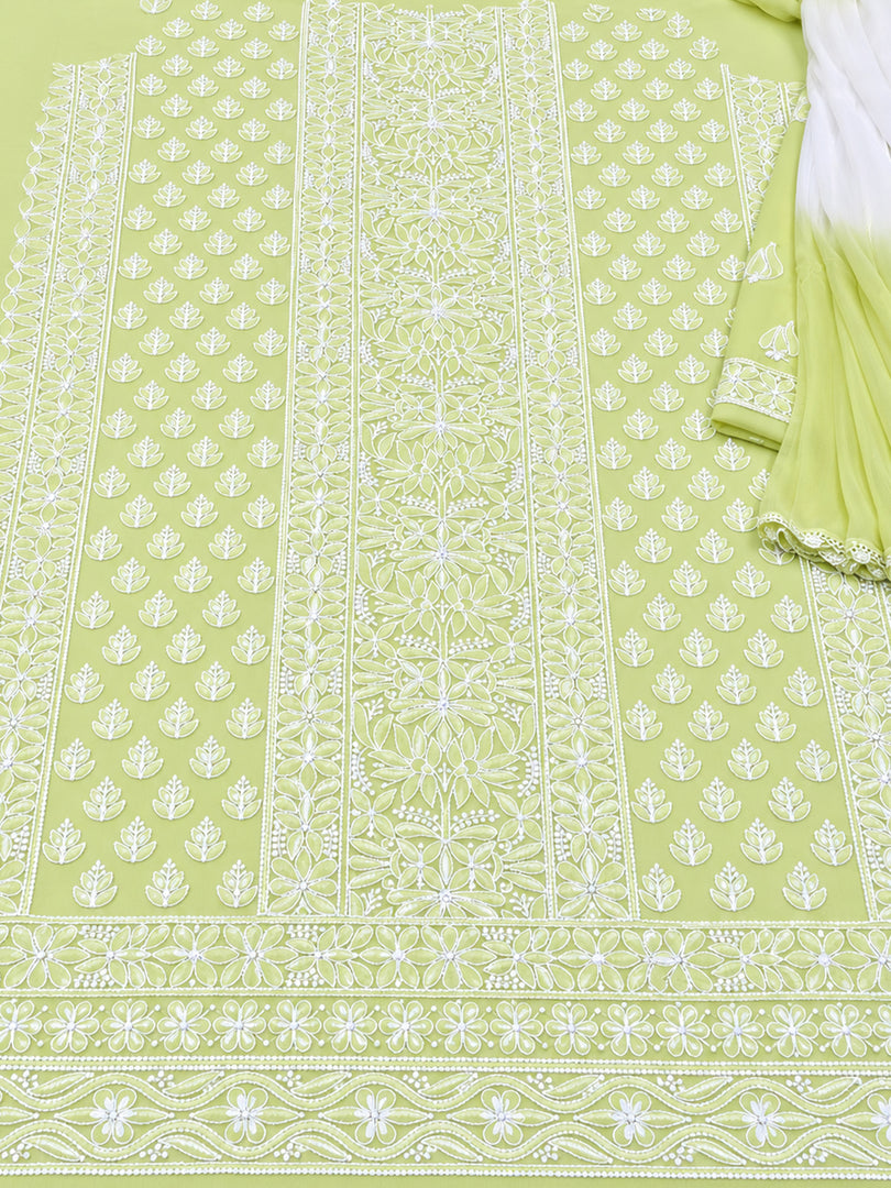Seva Chikan Hand Embroidered Pista Green Cotton Lucknowi Chikankari Unstitched Suit Piece-SEV15036