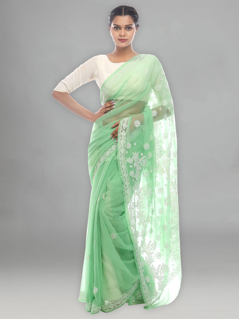 Seva Chikan Hand Embroidered Green Georgette Lucknowi Saree-SCL2451
