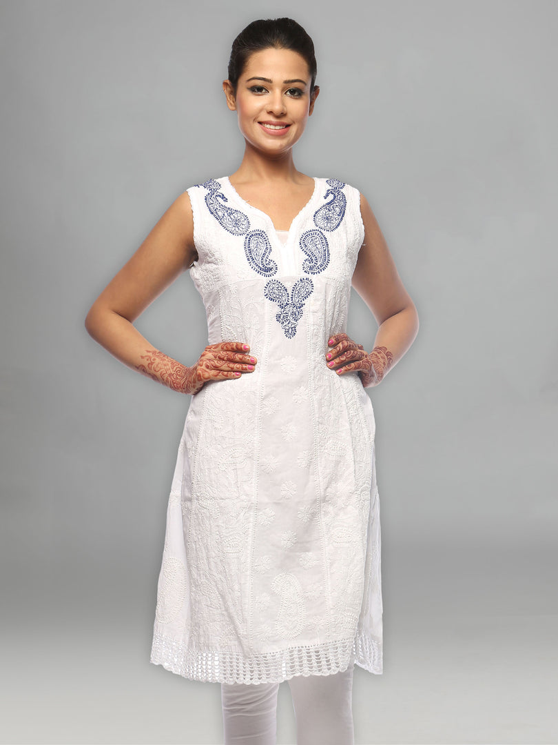 Seva Chikan Hand Embroidered White Cotton Lucknowi Chikan A-line Kurta-SCL0630