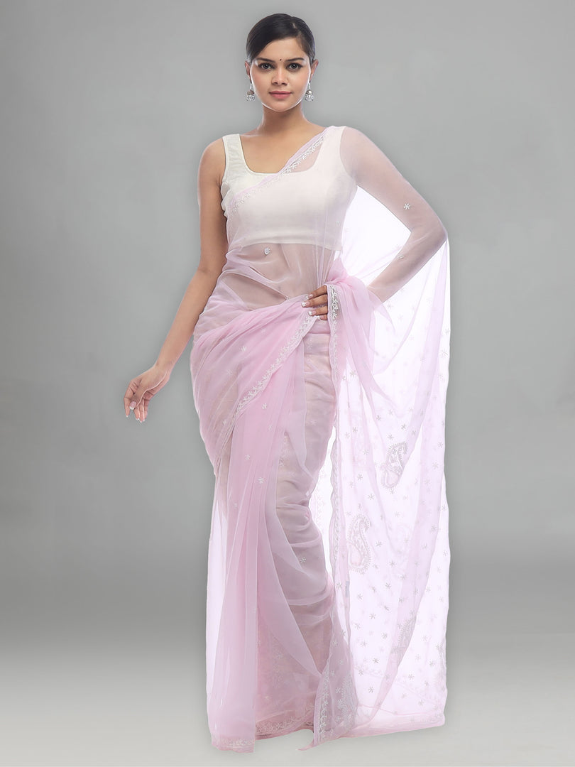 Seva Chikan Hand Embroidered Pink Georgette Lucknowi Saree-SCL2456