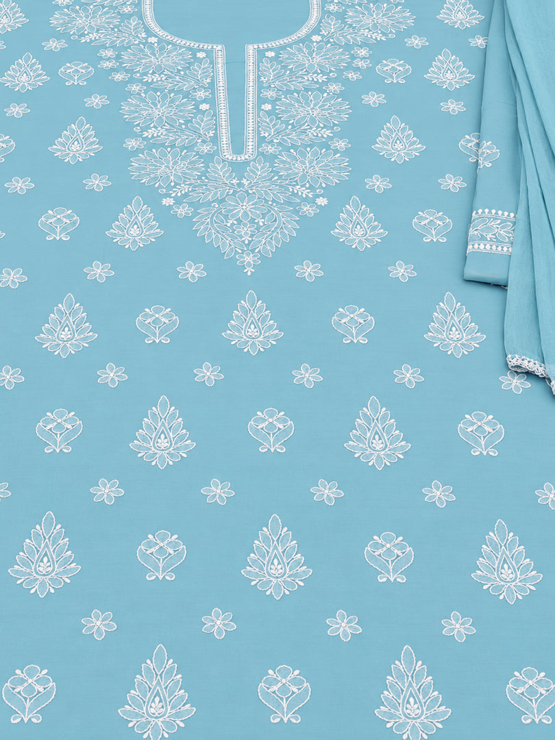 Seva Chikan Hand Embroidered Blue Terivoil Cotton Lucknowi Chikankari Unstitched Suit Piece-SCL13142
