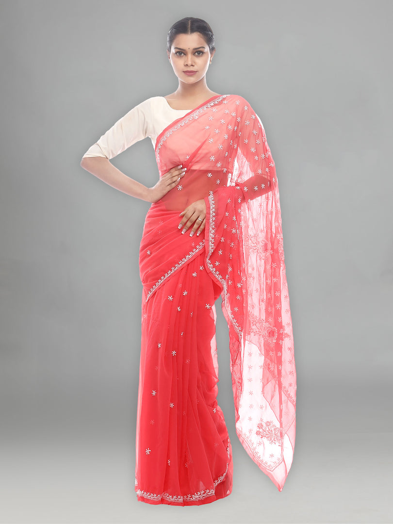 Seva Chikan Hand Embroidered Carrot Pink Georgette Lucknowi Saree-SCL2455