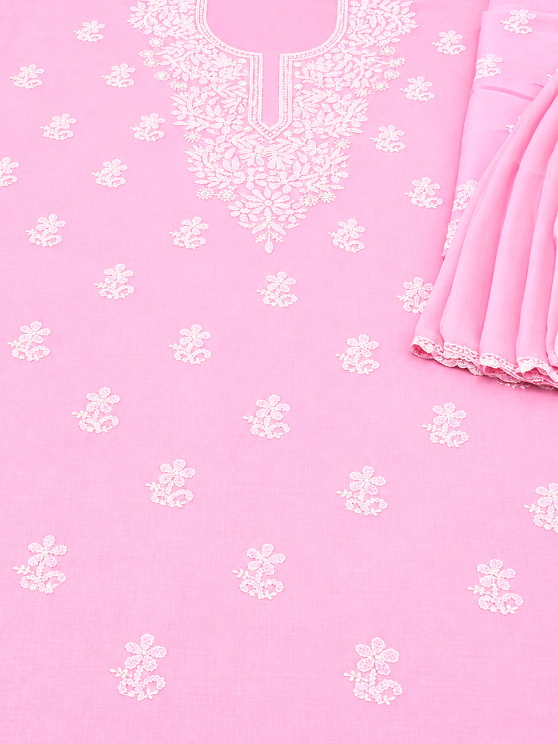 Seva Chikan Hand Embroidered Pink Terivoil Cotton Lucknowi Chikankari Unstitched Suit Piece-SCL13143