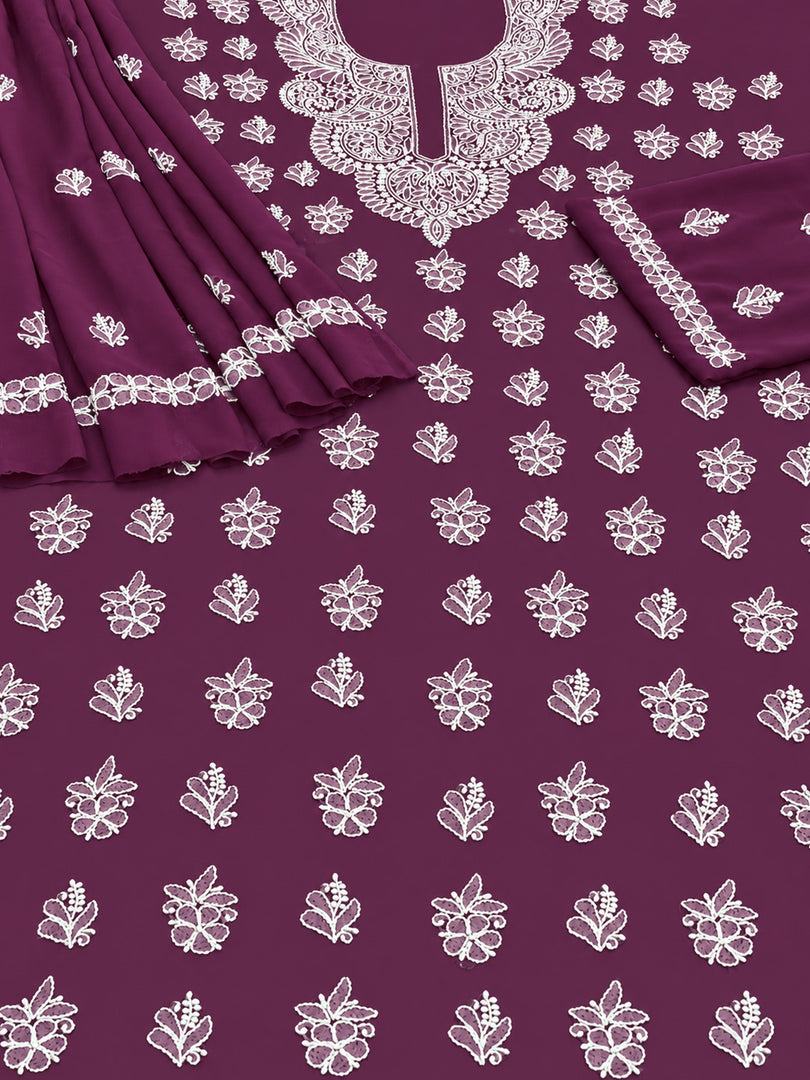 Seva Chikan Hand Embroidered Wine Georgette Lucknowi Chikankari Unstitched Suit Piece-SEV15046