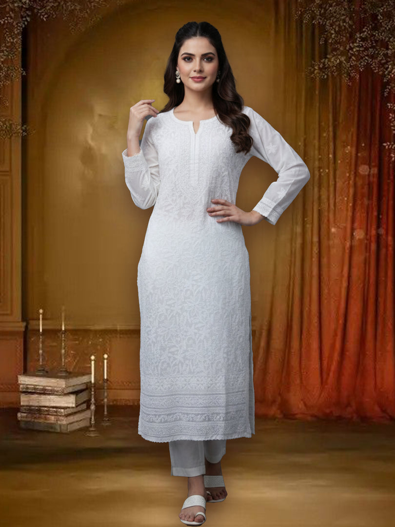 Seva Chikan Hand Embroidered White Cotton Lucknowi Chikan Kurti SCL0696