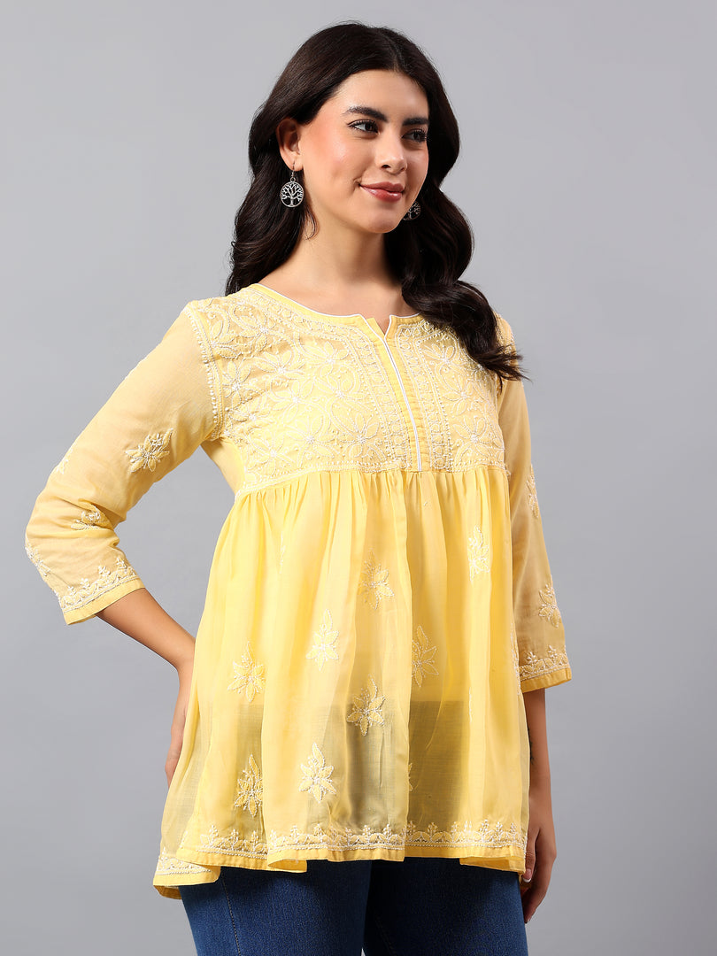 Seva Chikan Hand Embroidered Terivoil Cotton Lucknowi Chikan Yellow Top SCL9242