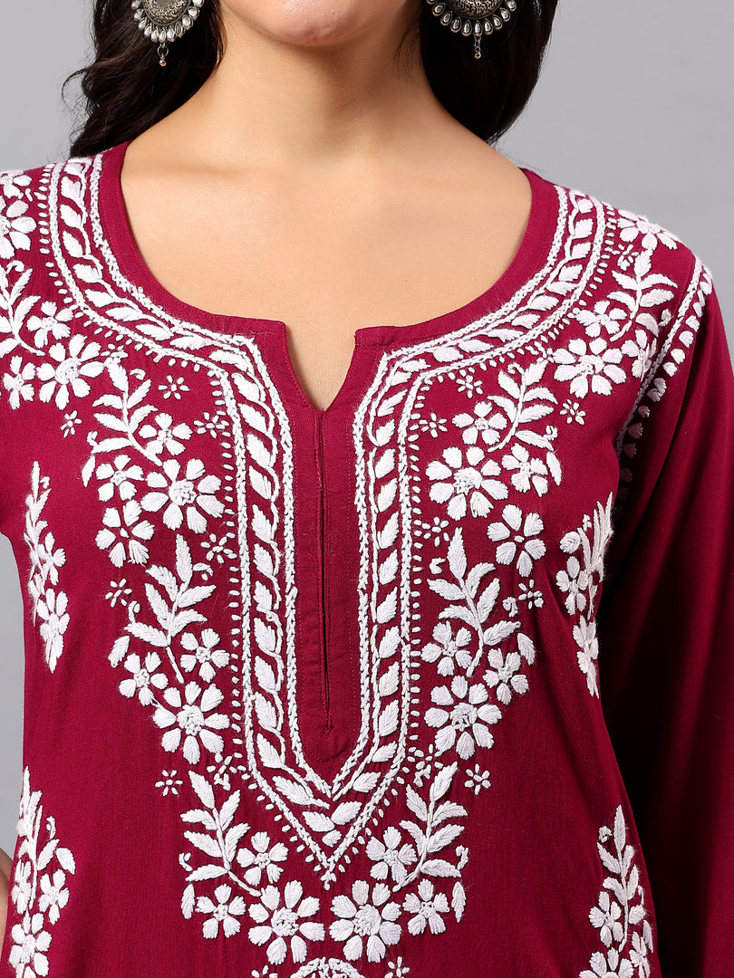 Seva Chikan Hand Embroidered Lucknowi Chikankari Purple Rayon Kurta SCL4508