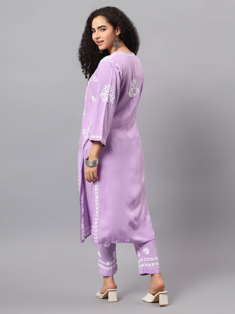 Seva Chikan Hand Embroidered Mauve Rayon Lucknowi Chikankari Kurta Set SCL8090