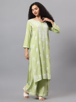 Load image into Gallery viewer, Seva Chikan Hand Embroidered Sage Green Rayon Lucknowi Chikankari Kurta Set SCL8062