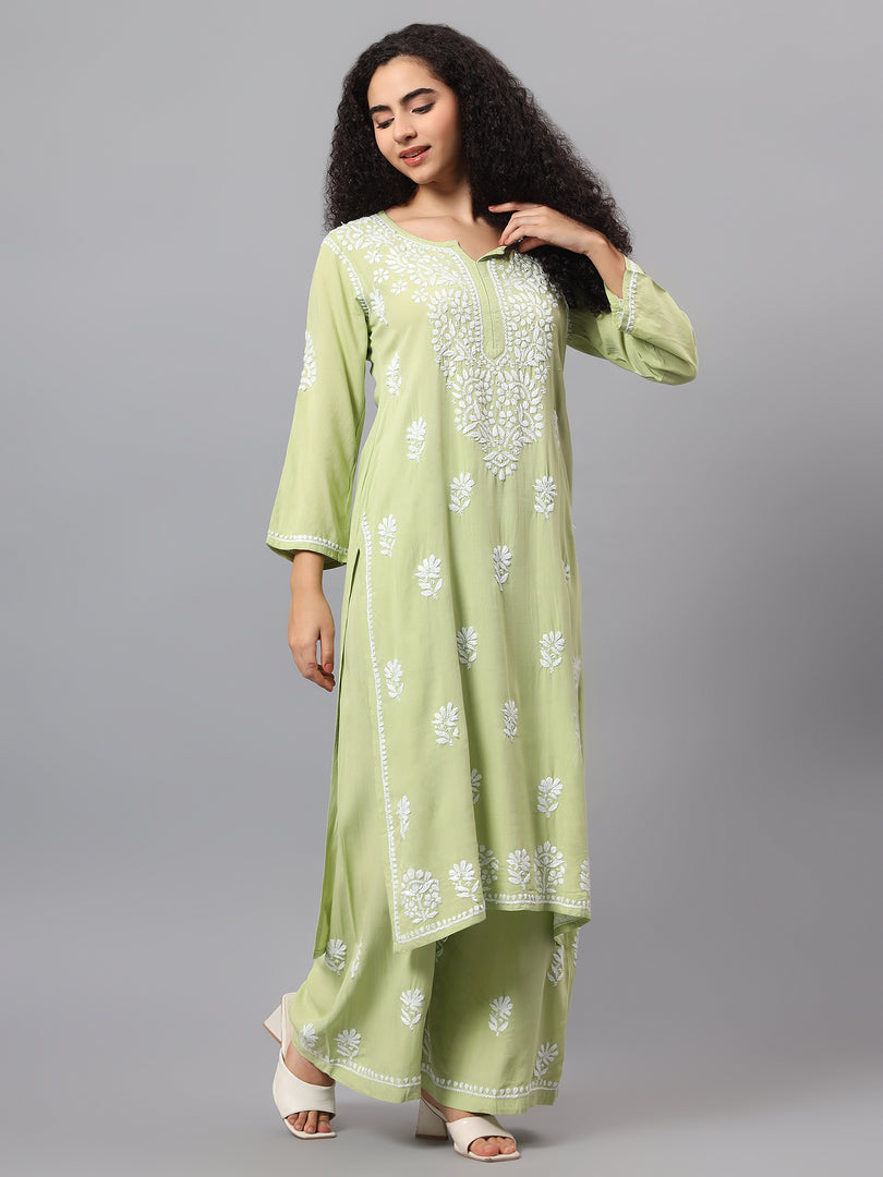Seva Chikan Hand Embroidered Sage Green Rayon Lucknowi Chikankari Kurta Set SCL8062