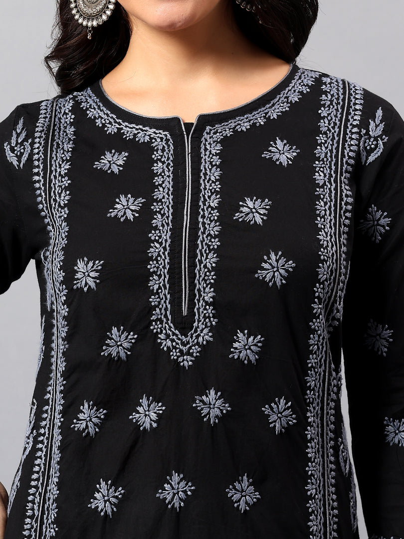 Seva Chikan Hand Embroidered Lucknowi Chikankari Black & Grey Cotton Kurta SCL4769