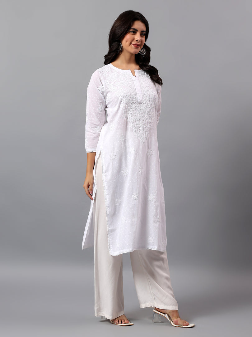 Seva Chikan Hand Embroidered Lucknowi Chikankari White Cotton Kurta SCL4770