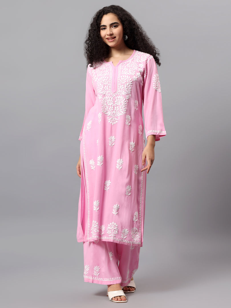 Seva Chikan Hand Embroidered Pink Rayon Lucknowi Chikankari Kurta Set SCL8063
