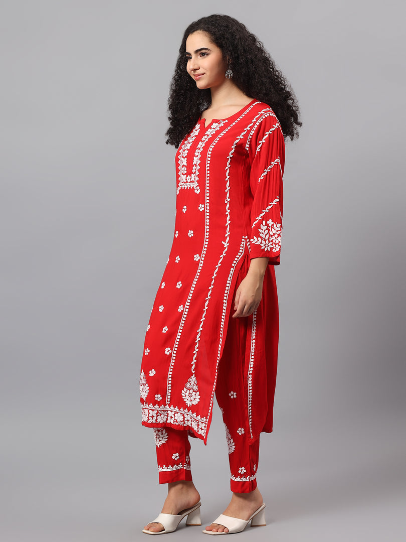 Seva Chikan Hand Embroidered Red Rayon Lucknowi Chikankari Kurta Set SCL8104