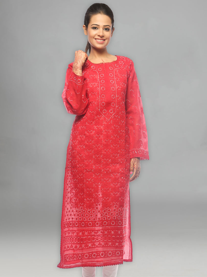 Seva Chikan Hand Embroidered Red Cotton Lucknowi Chikan Kurta-SCL0635