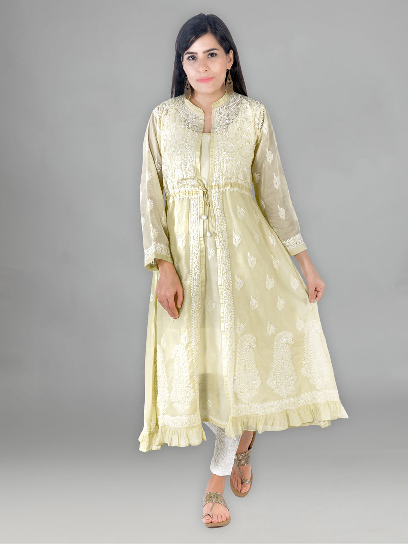 Seva Chikan Hand Embroidered Lemon Cotton Lucknowi Chikankari Anarkali-SCL1367