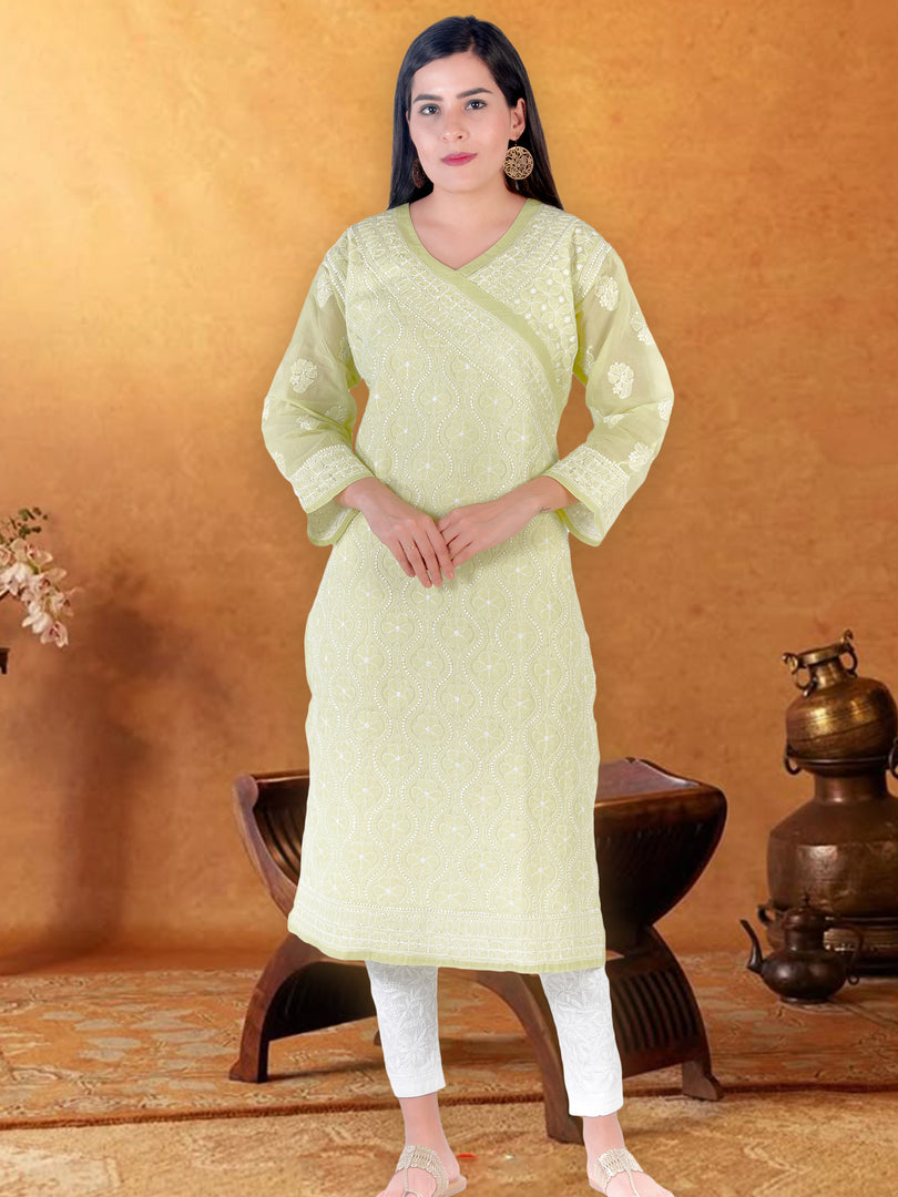Seva Chikan Hand Embroidered Light Green Cotton Lucknowi Chikan Kurti SCL1222