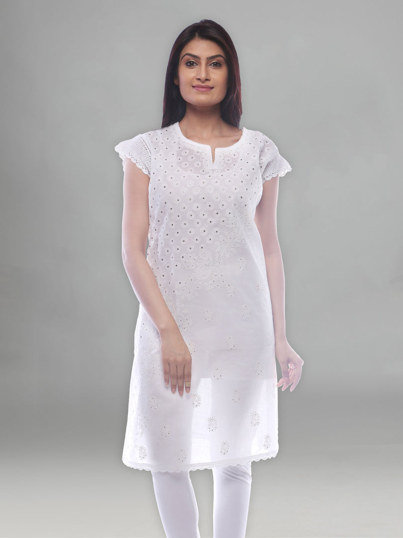 Seva Chikan Hand Embroidered White Cotton Lucknowi Chikan Kurti With Muqaish Work-SCL0313