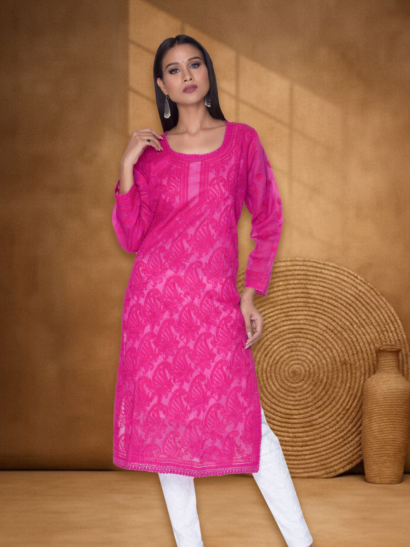 Seva Chikan Hand Embroidered Magenta Cotton Lucknowi Chikan Kurti SCL1065
