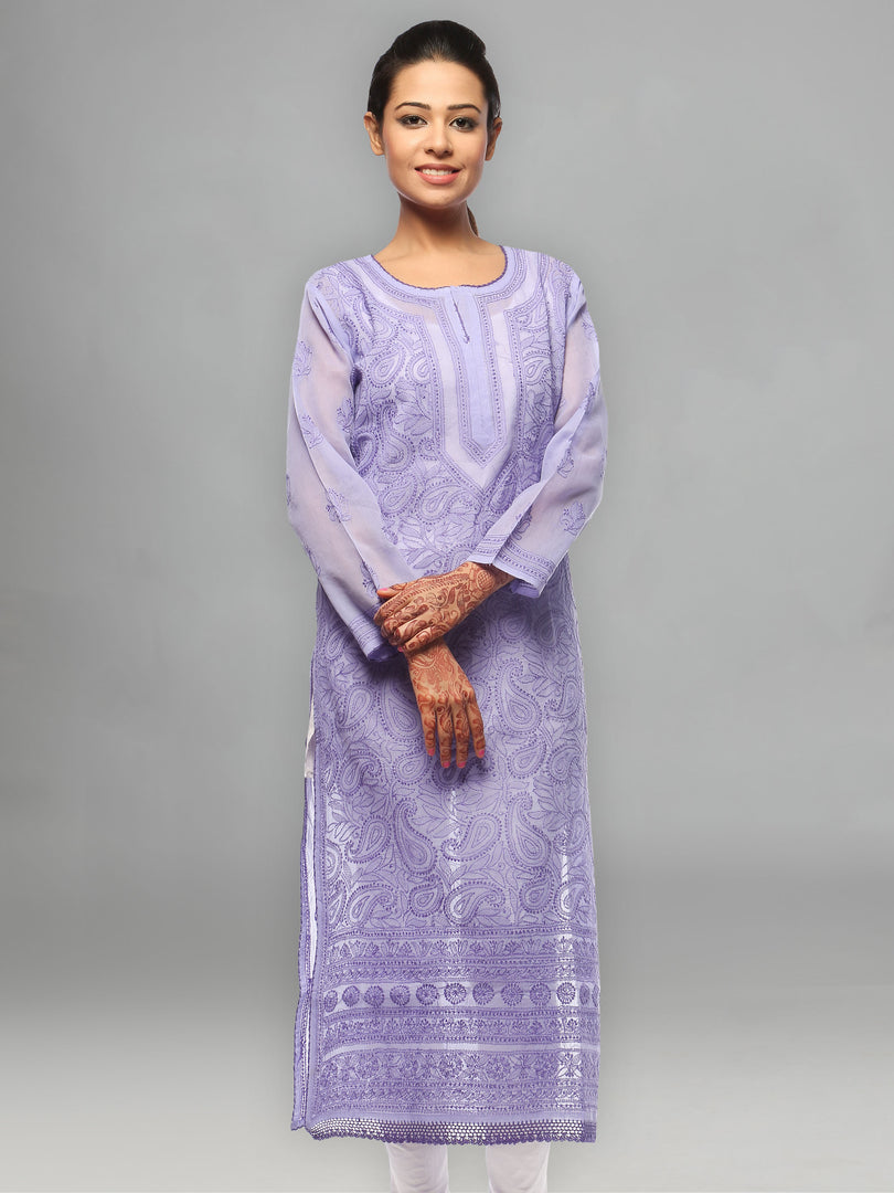 Seva Chikan Hand Embroidered Purple Cotton Lucknowi Chikan Kurta-SCL0664