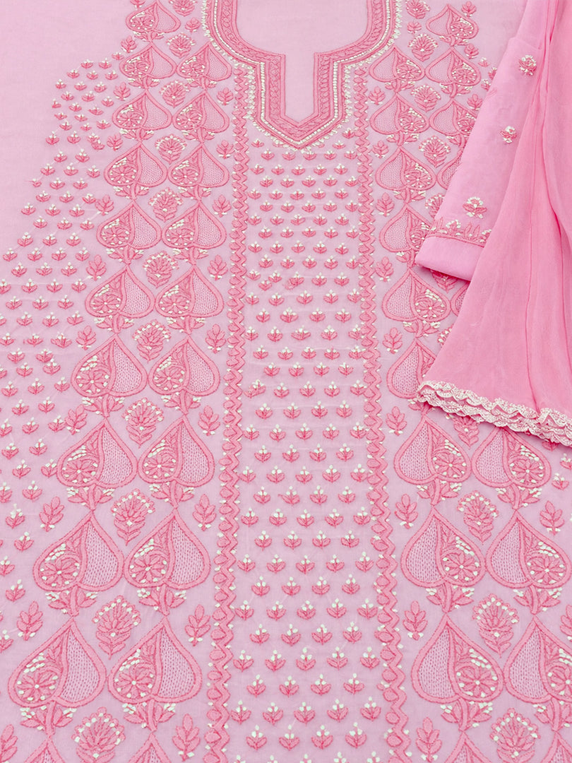 Seva Chikan Hand Embroidere Pink Terivoil Cotton Lucknowi Chikankari Unstitched Suit Piece-SEV15018