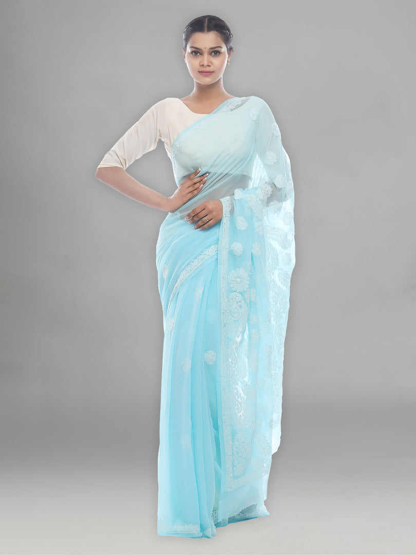 Seva Chikan Hand Embroidered Blue Georgette Lucknowi Saree-SCL2340