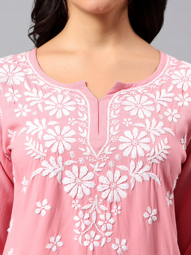 Seva Chikan Hand Embroidered Peach Rayon Lucknowi Chikan Top SCL9156
