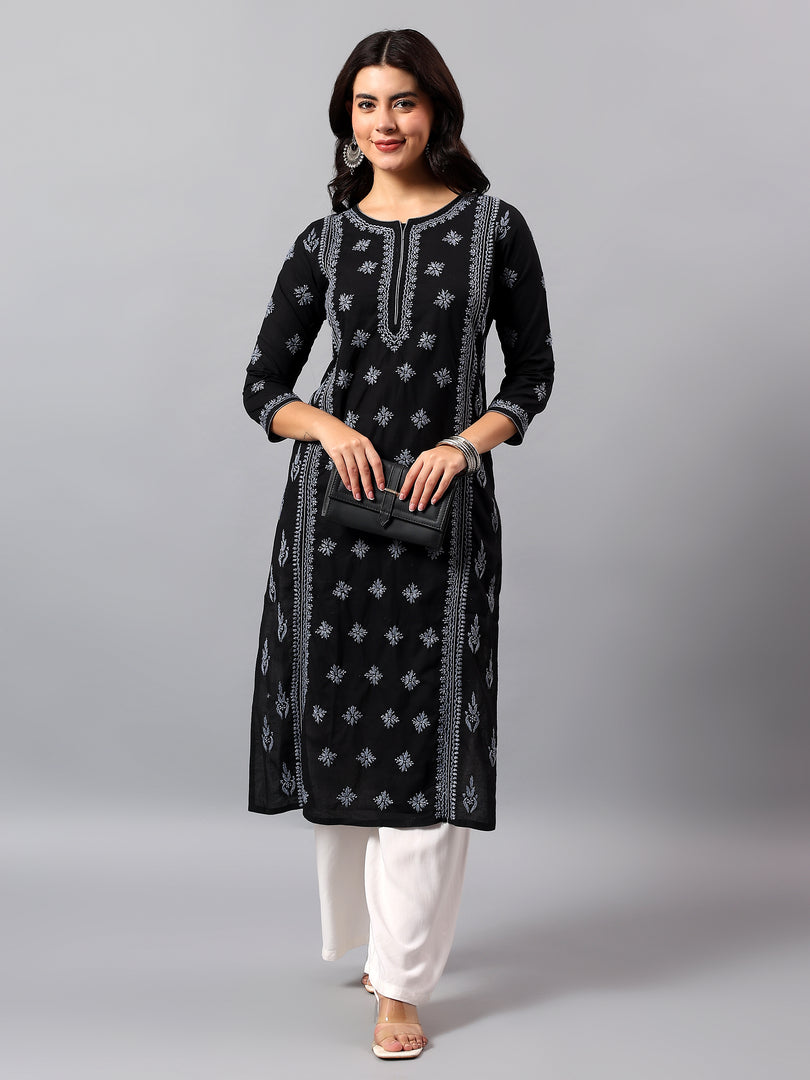 Seva Chikan Hand Embroidered Lucknowi Chikankari Black & Grey Cotton Kurta SCL4769