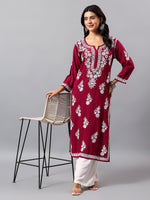 Load image into Gallery viewer, Seva Chikan Hand Embroidered Lucknowi Chikankari Purple Rayon Kurta SCL4508