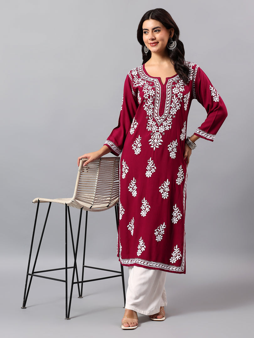 Seva Chikan Hand Embroidered Lucknowi Chikankari Purple Rayon Kurta SCL4508