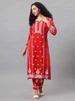 Load image into Gallery viewer, Seva Chikan Hand Embroidered Red Rayon Lucknowi Chikankari Kurta Set SCL8104