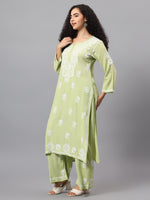 Load image into Gallery viewer, Seva Chikan Hand Embroidered Sage Green Rayon Lucknowi Chikankari Kurta Set SCL8062
