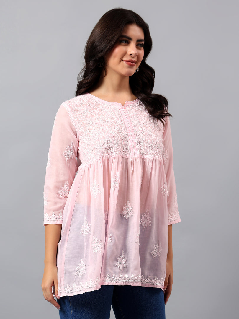 Seva Chikan Hand Embroidered Terivoil Cotton Lucknowi Chikan Pink Top SCL9241