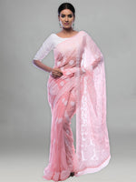Load image into Gallery viewer, Seva Chikan Hand Embroidered Peach Georgette Lucknowi Saree-SCL0379