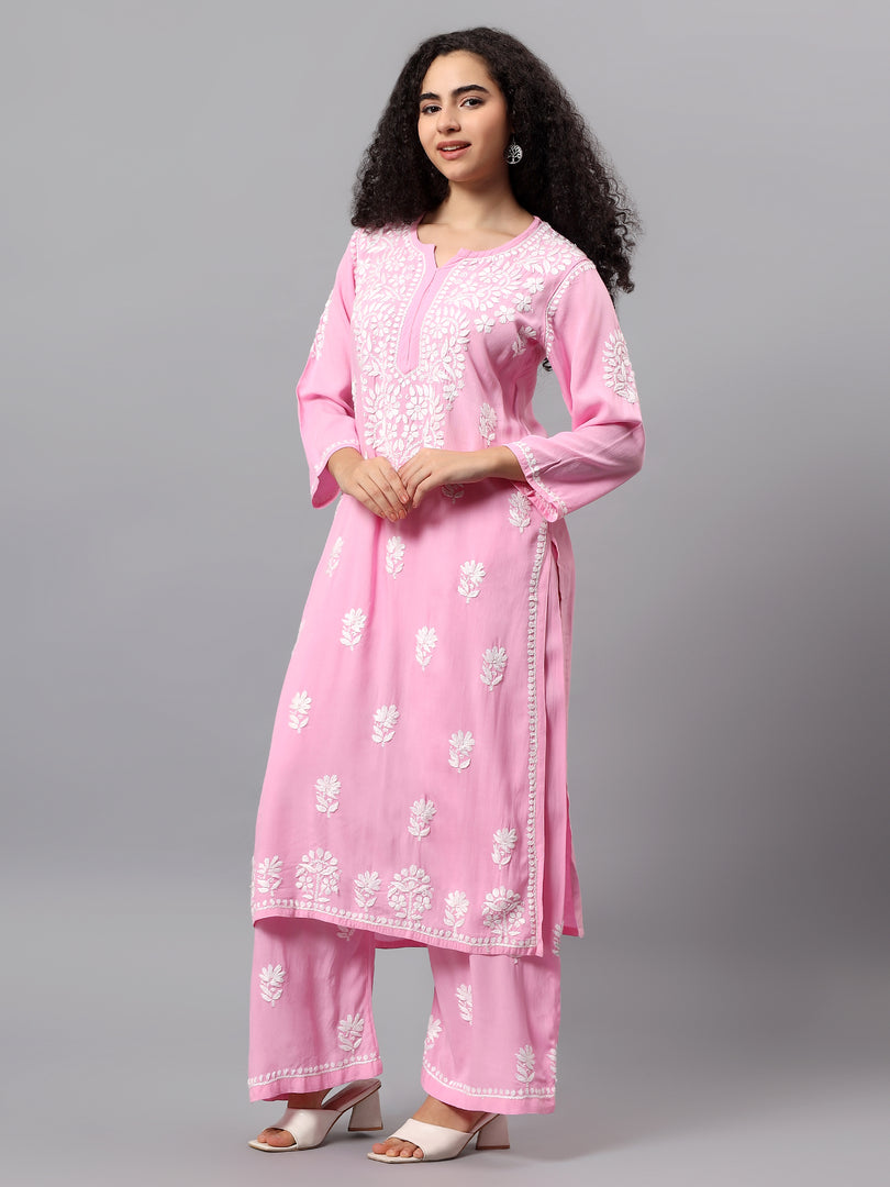 Seva Chikan Hand Embroidered Pink Rayon Lucknowi Chikankari Kurta Set SCL8063
