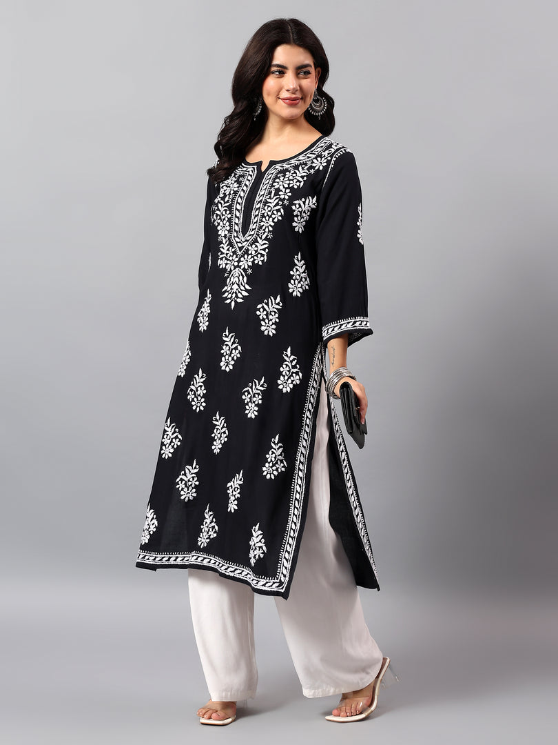 Seva Chikan Hand Embroidered Lucknowi Chikankari Black Cotton Kurta SCL4772