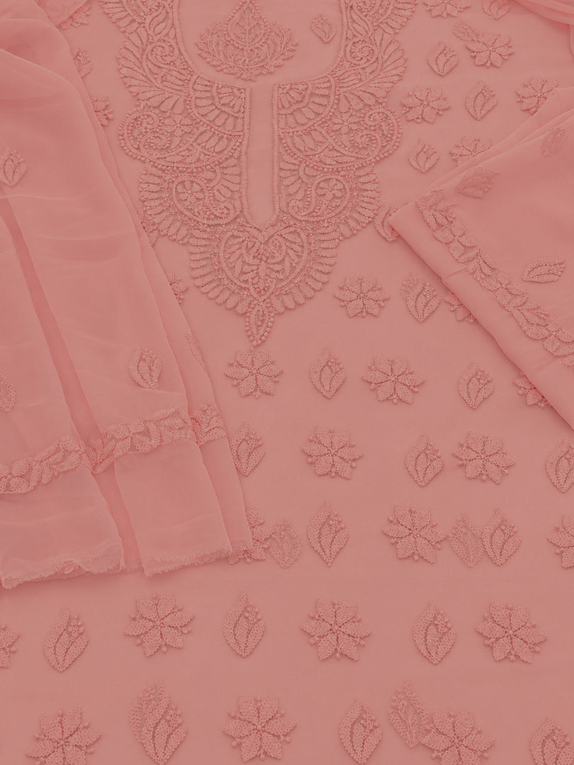 Seva Chikan Hand Embroidered Peach Georgette Lucknowi Chikankari Unstitched Suit Piece-SEV15034