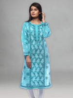 Load image into Gallery viewer, Seva Chikan Hand Embroidered Turquoise Cotton Lucknowi Chikan Kurti-SCL0252