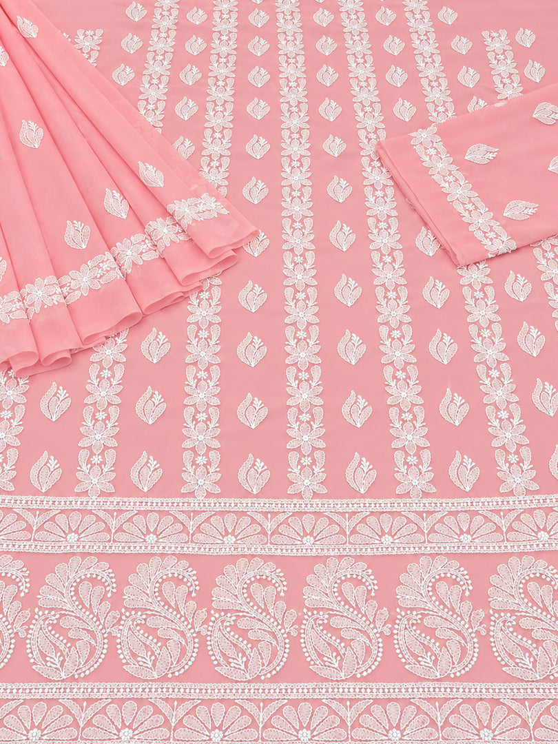 Seva Chikan Hand Embroidered Peach Georgette Lucknowi Chikankari Unstitched Suit Piece-SEV15041