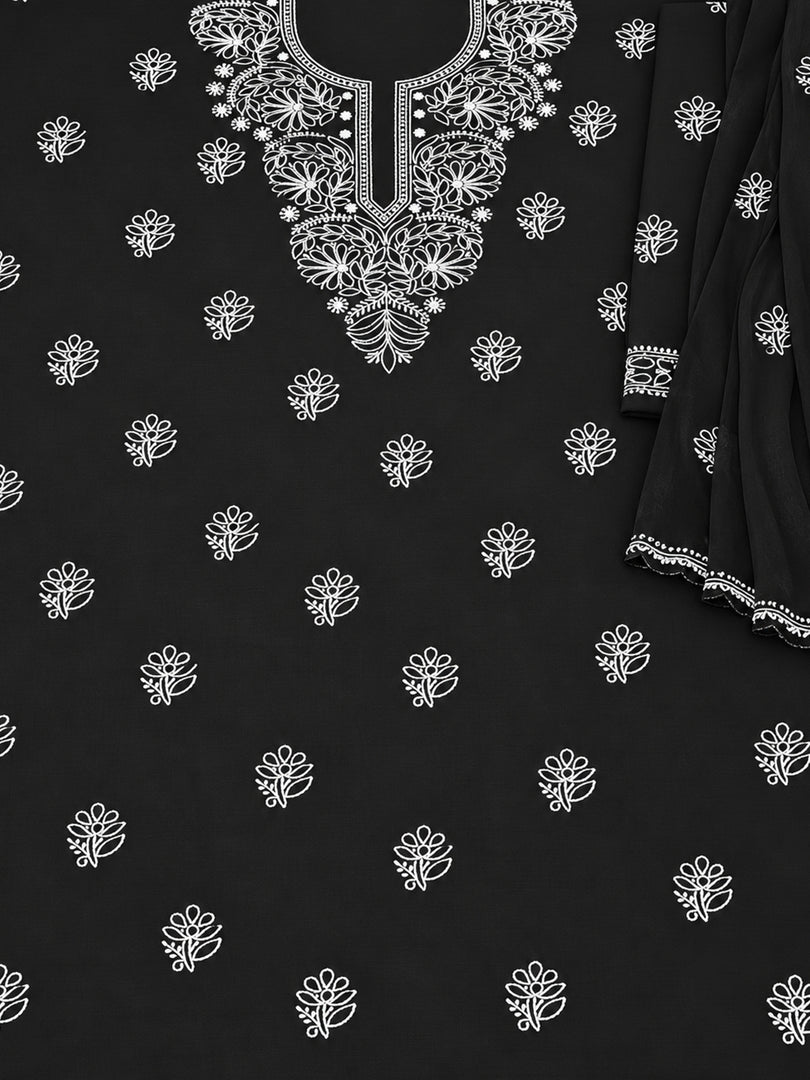 Seva Chikan Hand Embroidered Black Terivoil Cotton Lucknowi Chikankari Unstitched Suit Piece-SCL13139