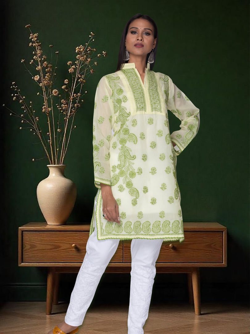 Seva Chikan Hand Embroidered Lemon Cotton Lucknowi Chikan Short Kurti SCL1062