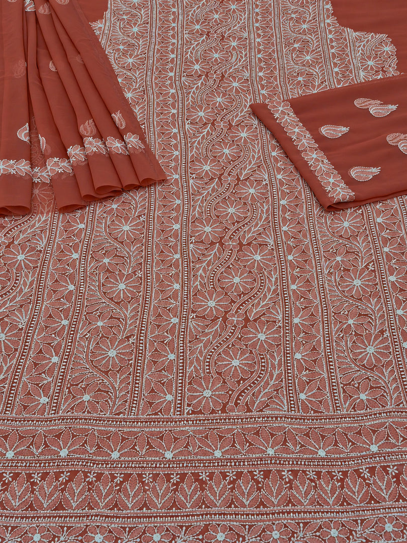 Seva Chikan Hand Embroidered Red Georgette Lucknowi Chikankari Unstitched Suit Piece-SEV15060