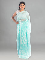 Load image into Gallery viewer, Seva Chikan Hand Embroidered Turquoise Georgette Lucknowi Saree-SCL1169
