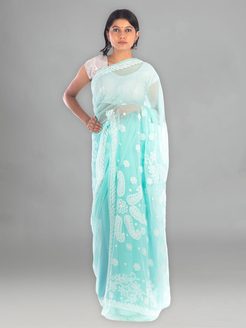 Seva Chikan Hand Embroidered Turquoise Georgette Lucknowi Saree-SCL1169
