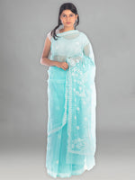 Load image into Gallery viewer, Seva Chikan Hand Embroidered Turquoise Georgette Lucknowi Saree-SCL1166
