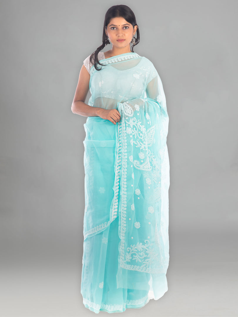 Seva Chikan Hand Embroidered Turquoise Georgette Lucknowi Saree-SCL1166