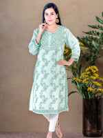 Load image into Gallery viewer, Seva Chikan Hand Embroidered Turquoise Cotton Lucknowi Chikan Kurti SCL1226
