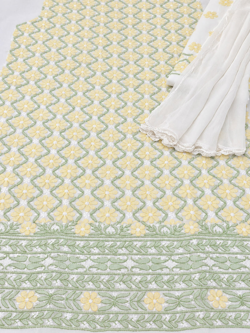 Seva Chikan Hand Embroidered White Terivoil Cotton Lucknowi Chikankari Unstitched Suit Piece-SEV15013